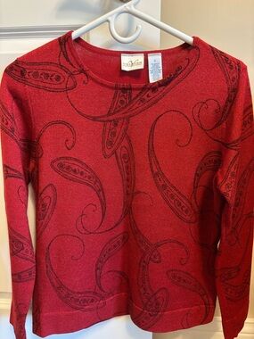 Red with black print knit top by Villager A Liz Claiborne company.